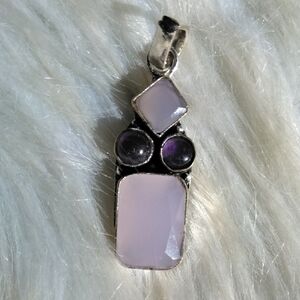 Pink Chalcedony and Amethyst Silver Plated Gemstone Necklace Pendant